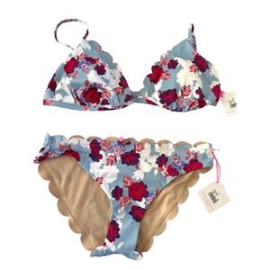 Vanilla/Beach Blue Floral Bikini with Red Rose Print